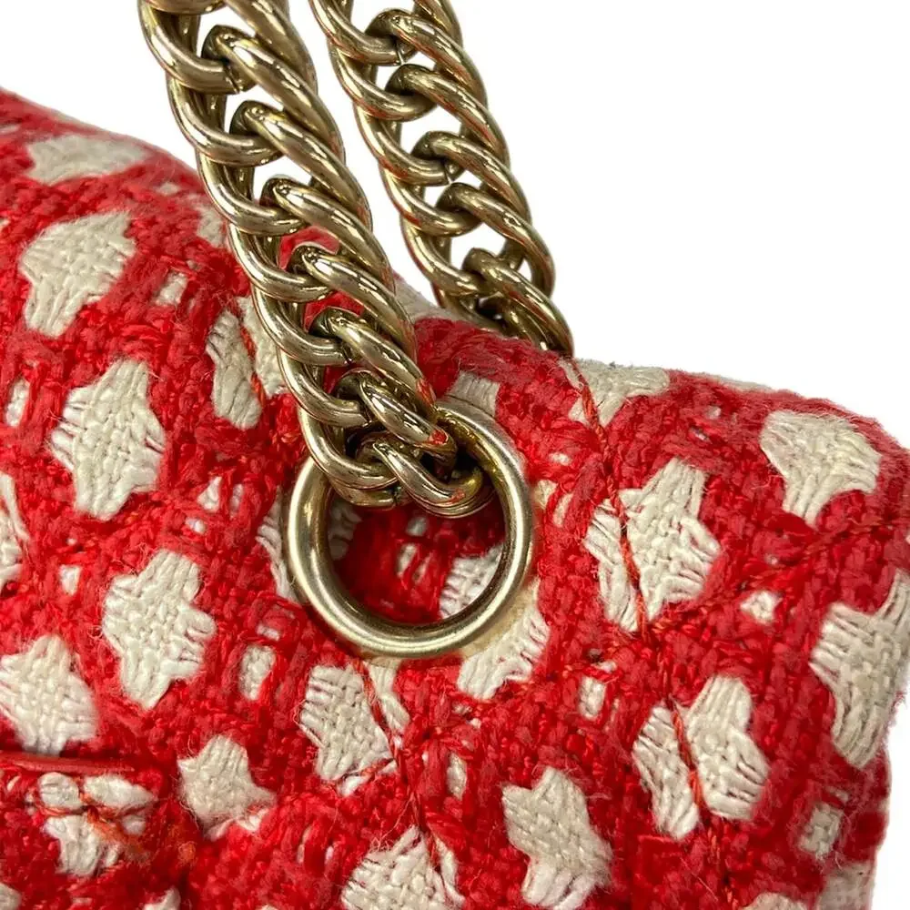 Chanel Double Flap Matelasse Shoulder Bag Red Cream Gold Tweeds Hardware